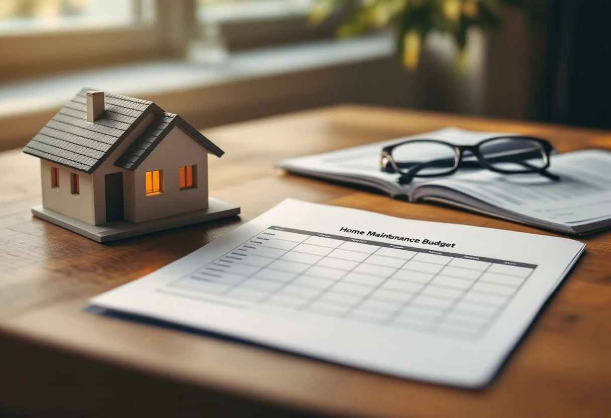 A paper monthly home-maintenance budget spreadsheet on a wooden table next to a small architectural model of a suburban house.